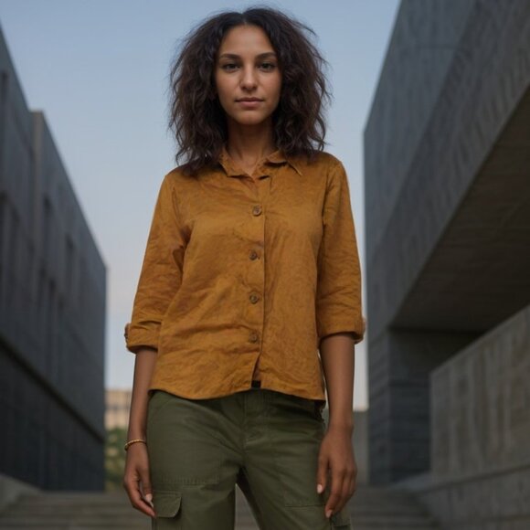 United Colors Of Benetton Women's Blouse Button Up Linen Sz M Rust/ Orange - Picture 1 of 4